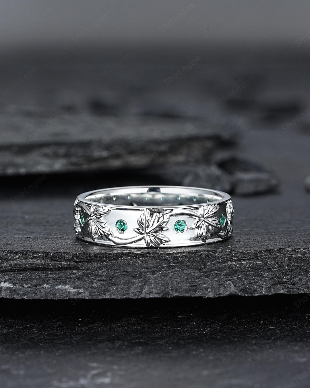 Nature Inspired Full Eternity Maple Leaf Men's Wedding Band, White Gold Engagement Matching Band, Emerald Straight Band for Men Promise Ring - ShainJewelry