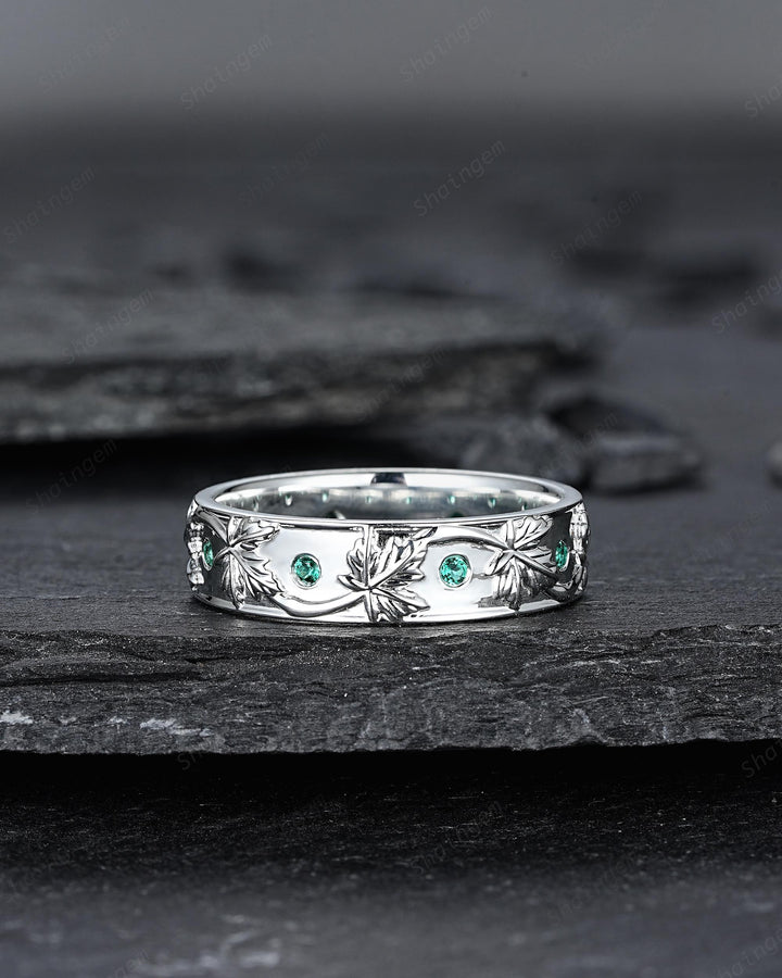 Nature Inspired Full Eternity Maple Leaf Men's Wedding Band, White Gold Engagement Matching Band, Emerald Straight Band for Men Promise Ring - ShainJewelry
