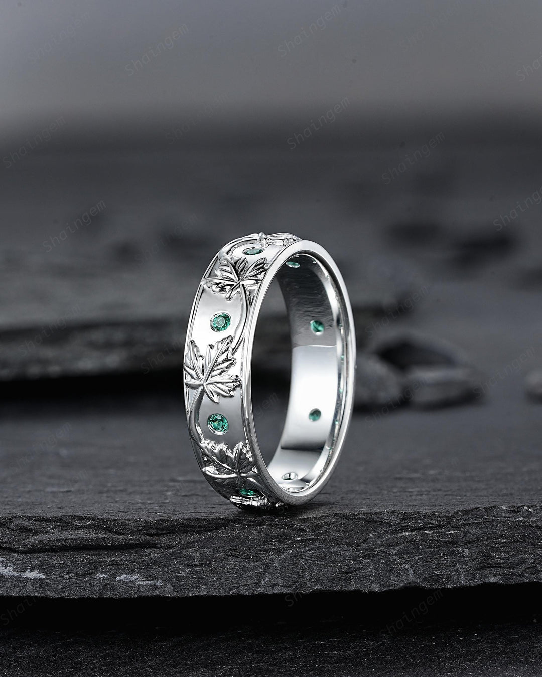 Nature Inspired Full Eternity Maple Leaf Men's Wedding Band, White Gold Engagement Matching Band, Emerald Straight Band for Men Promise Ring - ShainJewelry