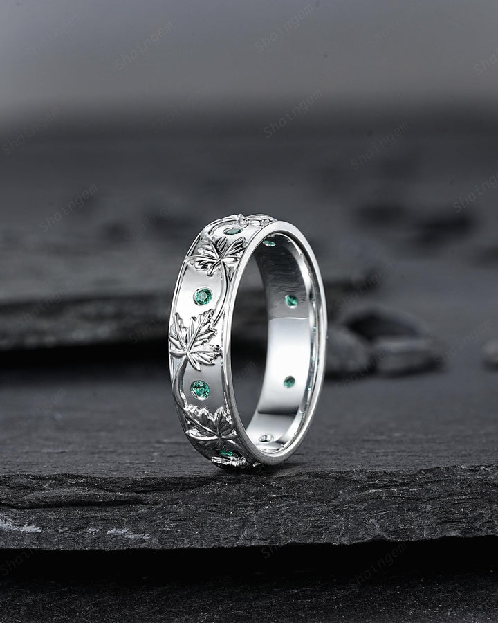 Nature Inspired Full Eternity Maple Leaf Men's Wedding Band, White Gold Engagement Matching Band, Emerald Straight Band for Men Promise Ring - ShainJewelry