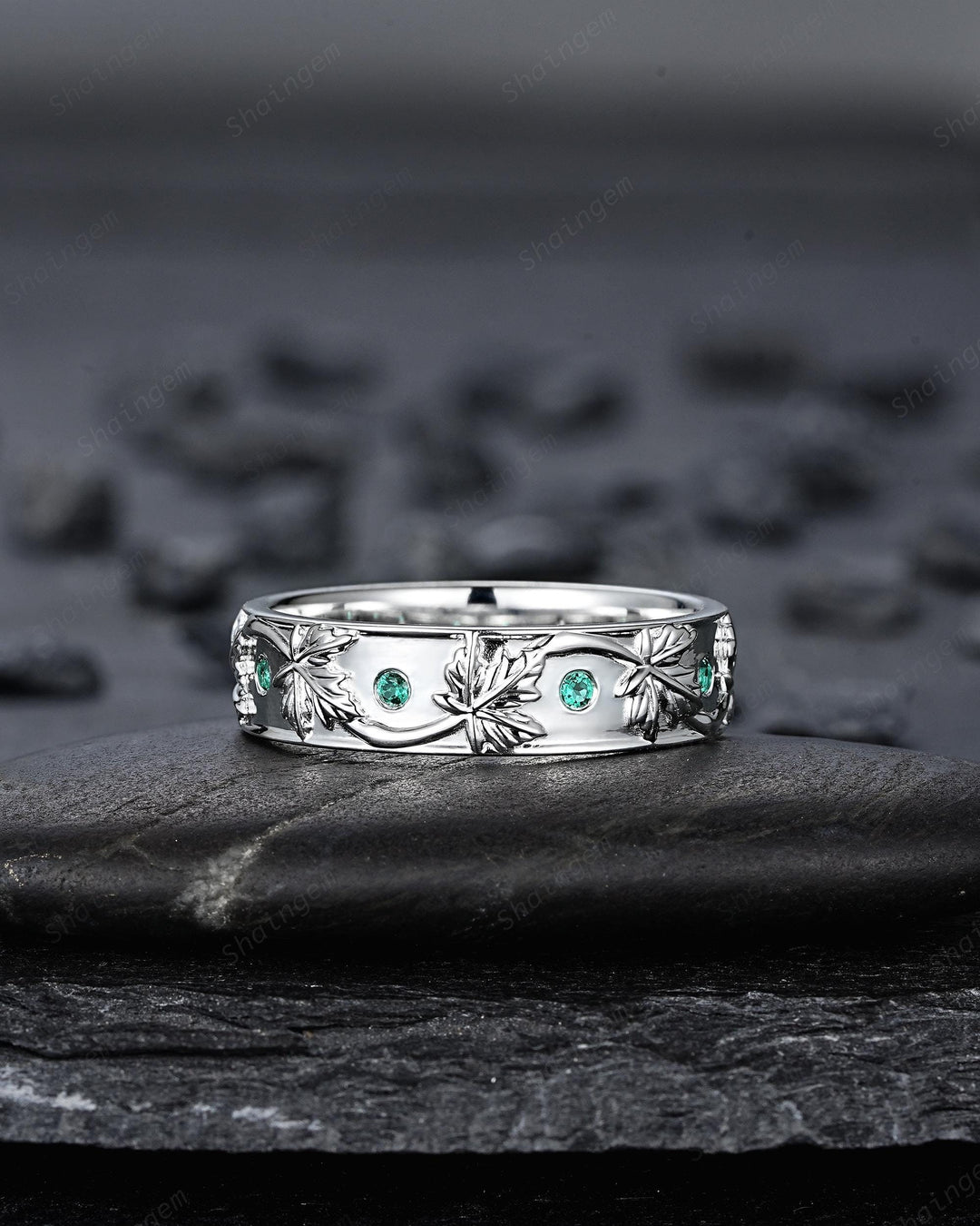 Nature Inspired Full Eternity Maple Leaf Men's Wedding Band, White Gold Engagement Matching Band, Emerald Straight Band for Men Promise Ring - ShainJewelry