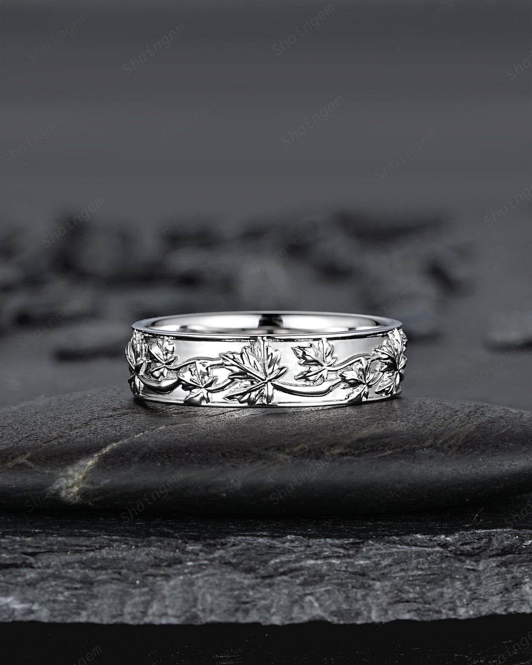 Nature Inspired Full Eternity Maple Leaf Men's Wedding Band, White Gold Engagement Matching Band, Floral Straight Band for Men Promise Ring - ShainJewelry