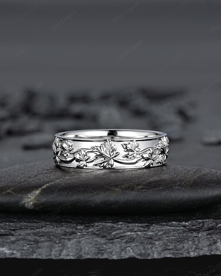 Nature Inspired Full Eternity Maple Leaf Men's Wedding Band, White Gold Engagement Matching Band, Floral Straight Band for Men Promise Ring - ShainJewelry