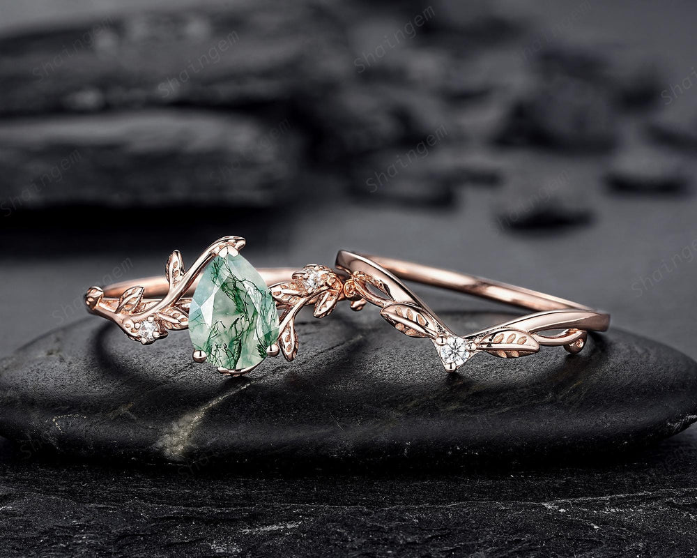 Nature Inspired Pear Cut Moss Agate Engagement Ring, Rose Gold Leaf Vine Promise Wedding Ring, Unique Twig Branch Bridal Ring Gift for Women - ShainJewelry
