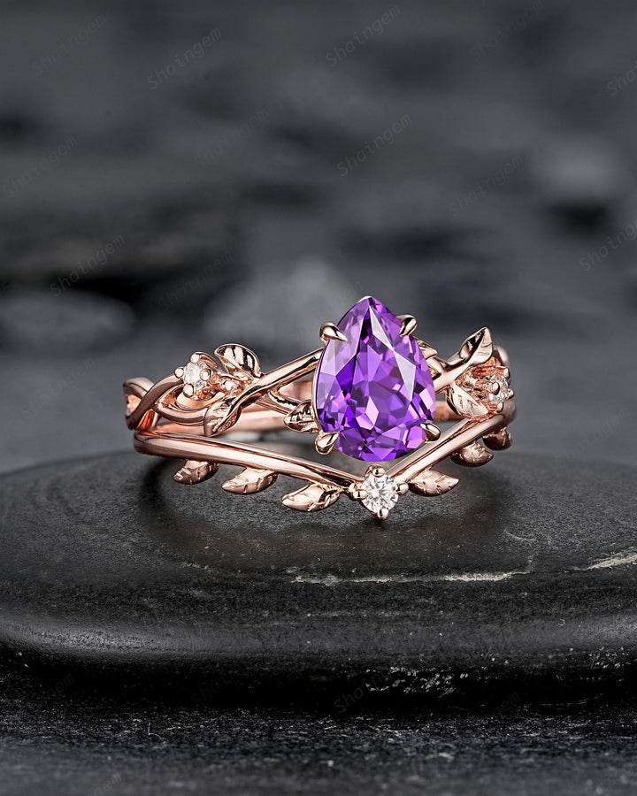 Unique Purple Violet Sapphire Leaf Engagement Ring Set, Pear Shape Sapphire Rose Gold Vine Wedding Promise Ring Anniversary Gift for Women - ShainJewelry