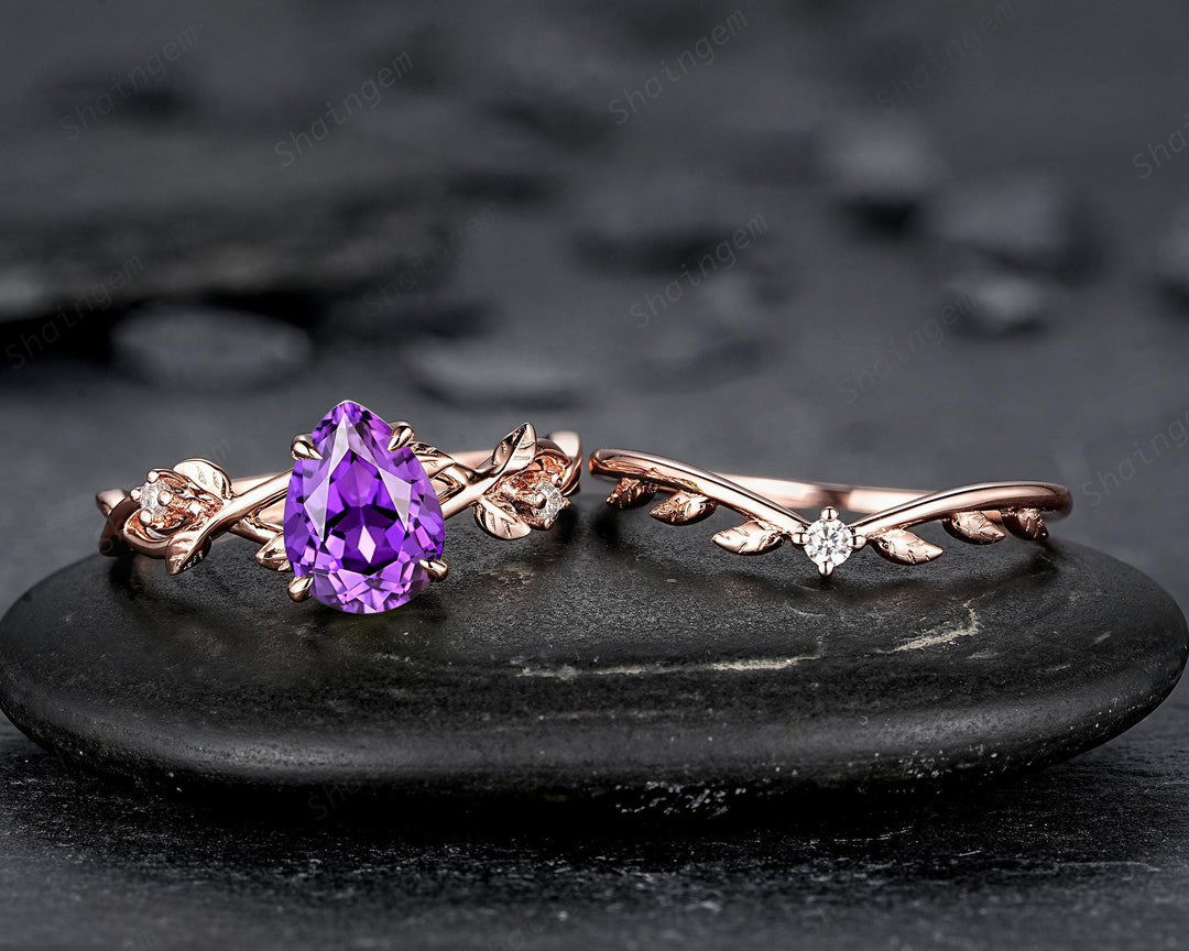 Unique Purple Violet Sapphire Leaf Engagement Ring Set, Pear Shape Sapphire Rose Gold Vine Wedding Promise Ring Anniversary Gift for Women - ShainJewelry