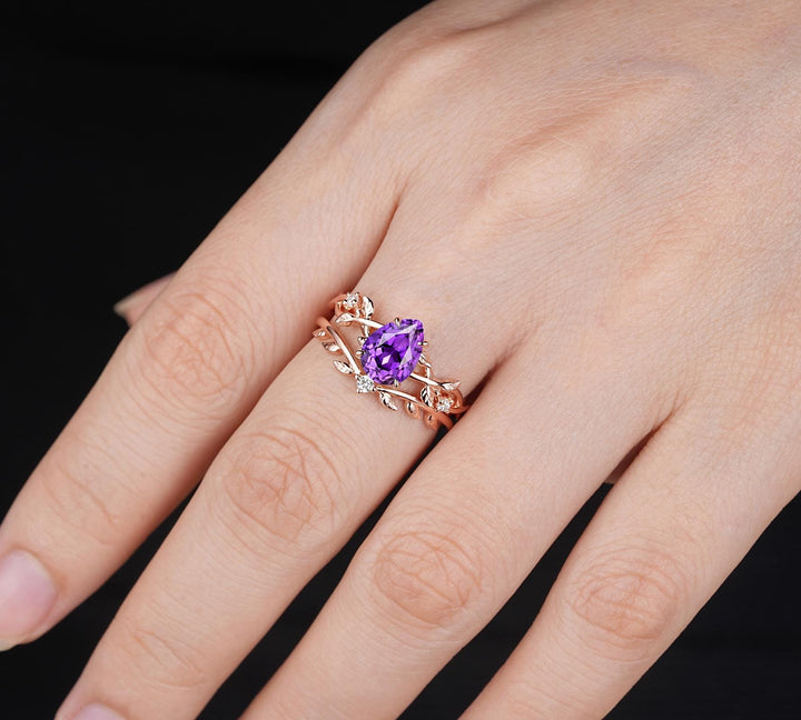 Unique Purple Violet Sapphire Leaf Engagement Ring Set, Pear Shape Sapphire Rose Gold Vine Wedding Promise Ring Anniversary Gift for Women - ShainJewelry