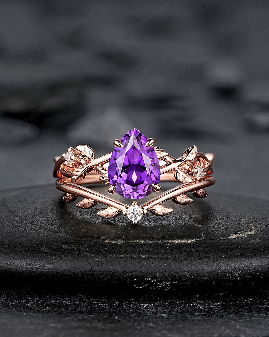 Unique Purple Violet Sapphire Leaf Engagement Ring Set, Pear Shape Sapphire Rose Gold Vine Wedding Promise Ring Anniversary Gift for Women - ShainJewelry