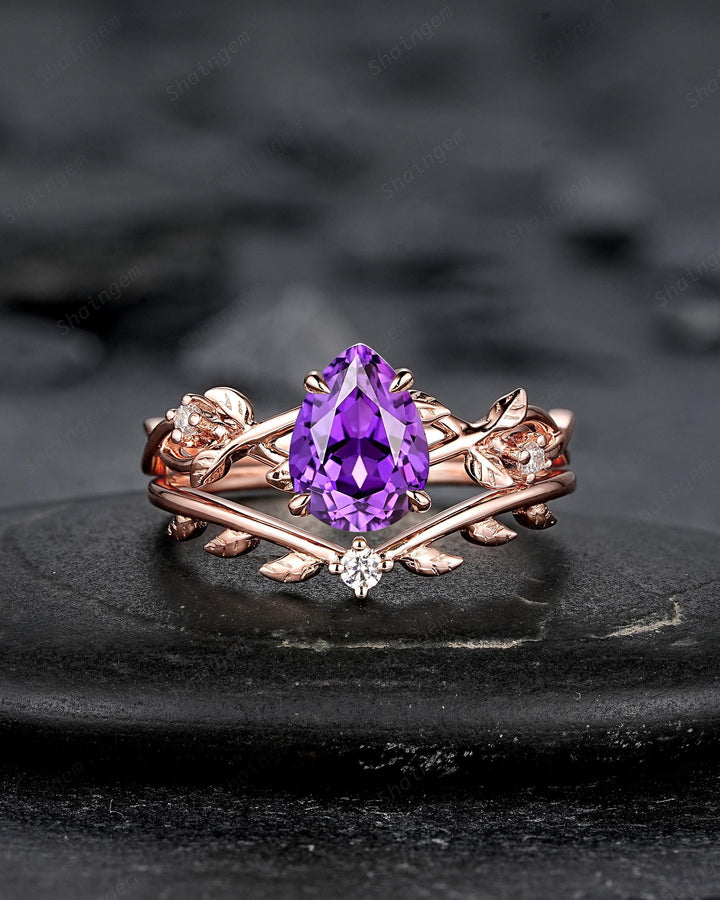 Unique Purple Violet Sapphire Leaf Engagement Ring Set, Pear Shape Sapphire Rose Gold Vine Wedding Promise Ring Anniversary Gift for Women - ShainJewelry
