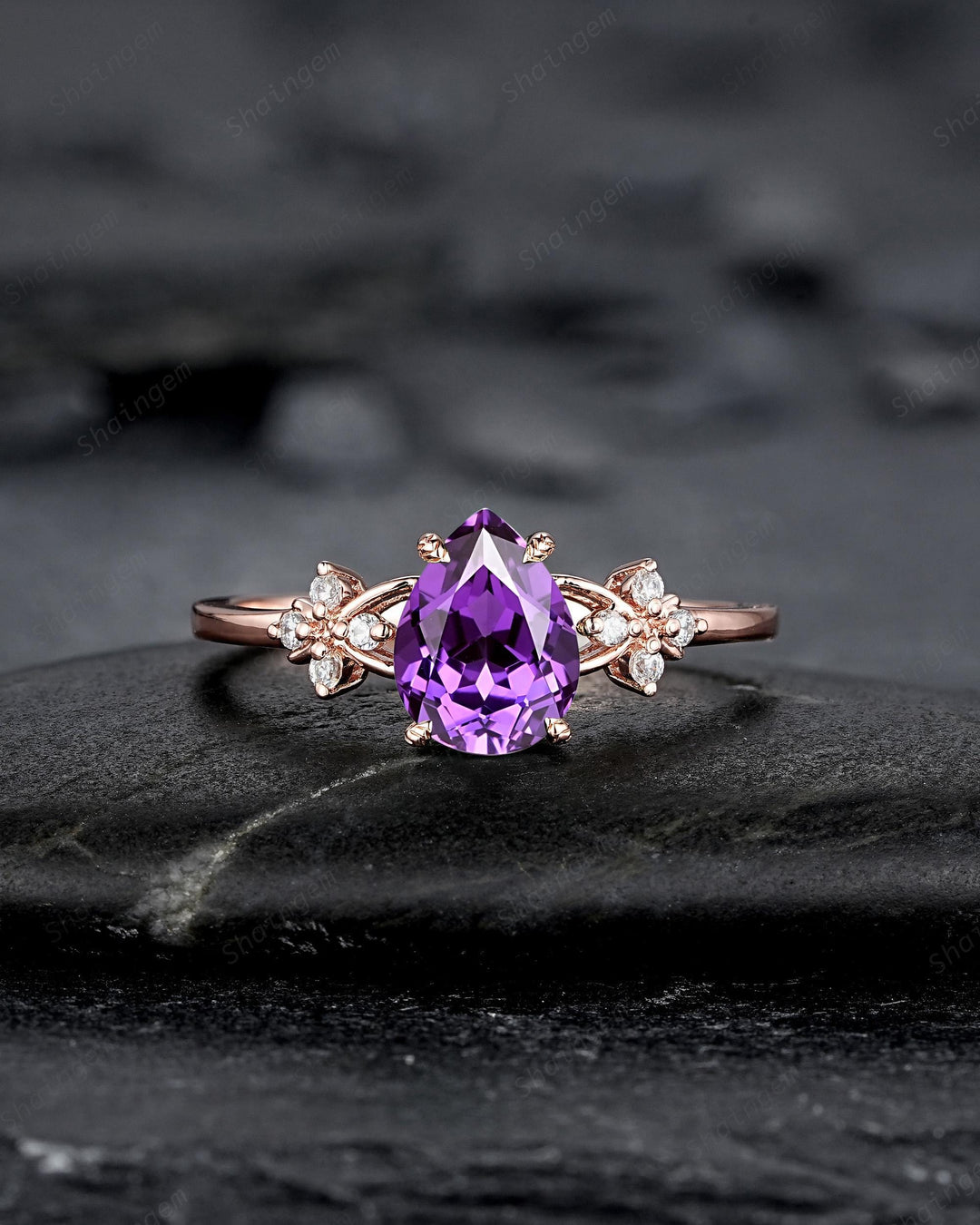 Vintage Purple Violet Sapphire Floral Engagement Ring Set, Pear Shape Sapphire Rose Gold Wedding Promise Ring Anniversary Gift for Mom Women - ShainJewelry