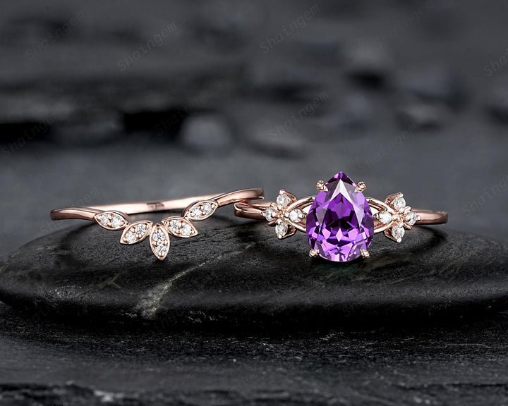 Vintage Purple Violet Sapphire Floral Engagement Ring Set, Pear Shape Sapphire Rose Gold Wedding Promise Ring Anniversary Gift for Mom Women - ShainJewelry