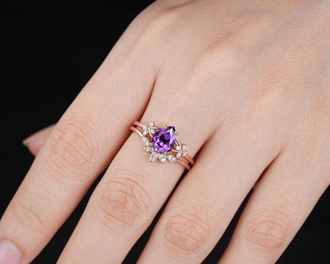Vintage Purple Violet Sapphire Floral Engagement Ring Set, Pear Shape Sapphire Rose Gold Wedding Promise Ring Anniversary Gift for Mom Women - ShainJewelry