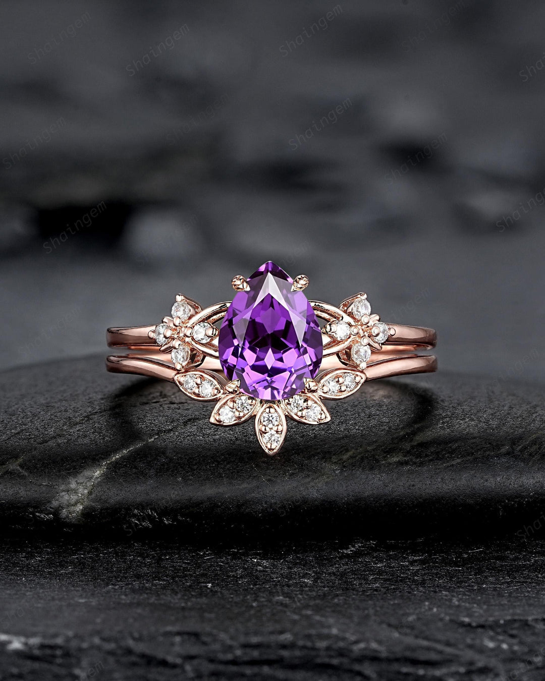 Vintage Purple Violet Sapphire Floral Engagement Ring Set, Pear Shape Sapphire Rose Gold Wedding Promise Ring Anniversary Gift for Mom Women - ShainJewelry