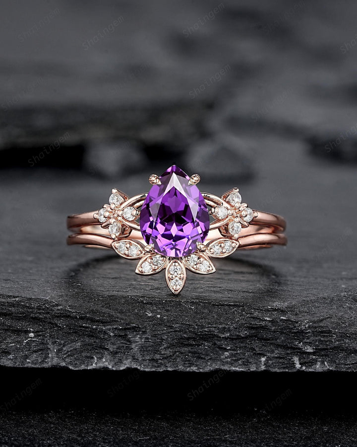 Vintage Purple Violet Sapphire Floral Engagement Ring Set, Pear Shape Sapphire Rose Gold Wedding Promise Ring Anniversary Gift for Mom Women - ShainJewelry