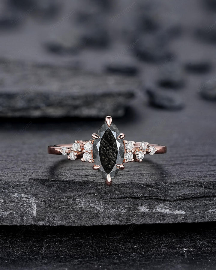 Salt and Pepper Cluster Diamond Engagement Ring,18K Rose Gold Marquise Cut Natural Diamond Promise Ring, Cluster Diamond Ring Gift for women - ShainJewelry