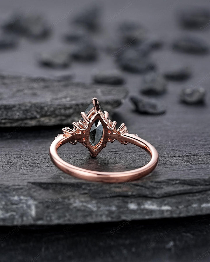 Salt and Pepper Cluster Diamond Engagement Ring,18K Rose Gold Marquise Cut Natural Diamond Promise Ring, Cluster Diamond Ring Gift for women - ShainJewelry