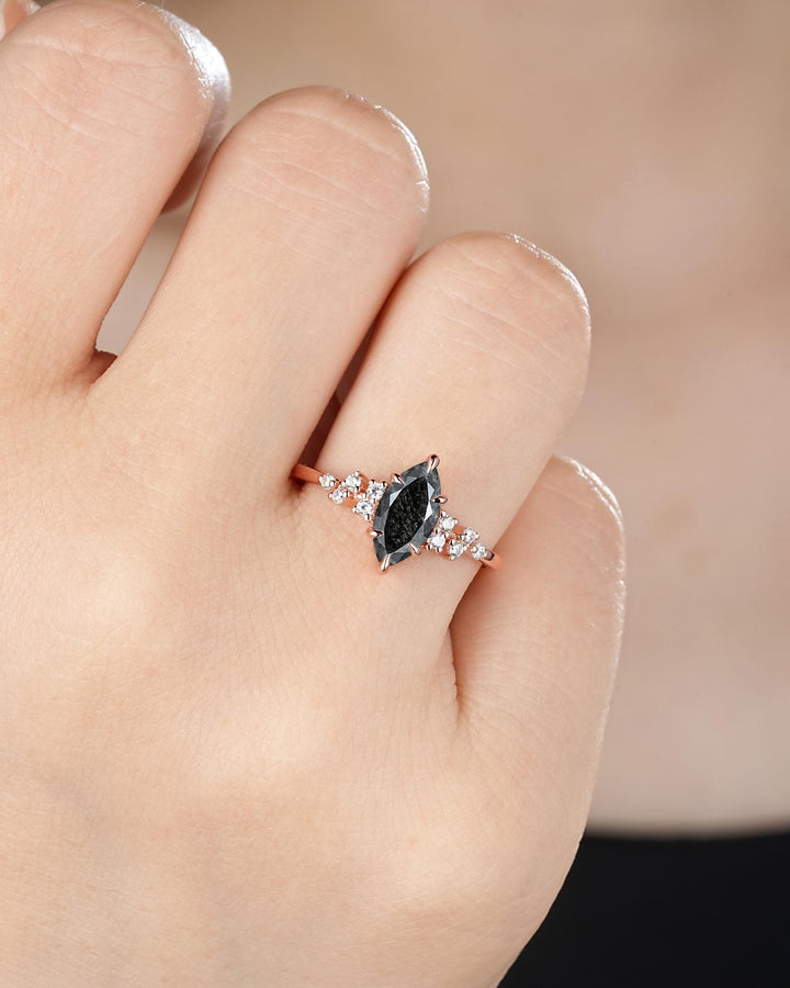 Salt and Pepper Cluster Diamond Engagement Ring,18K Rose Gold Marquise Cut Natural Diamond Promise Ring, Cluster Diamond Ring Gift for women - ShainJewelry