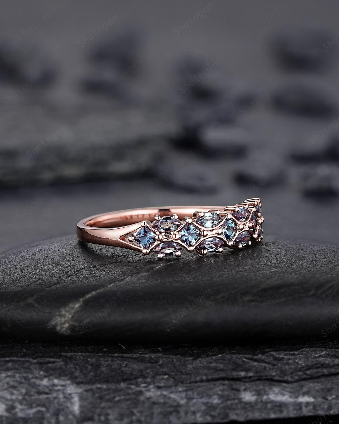 Alexandrite Wedding Band, Rose Gold Alexandrite Matching Band, Half Eternity Princess and Marquise Cut Alexandrite Engagement Band for Women - ShainJewelry