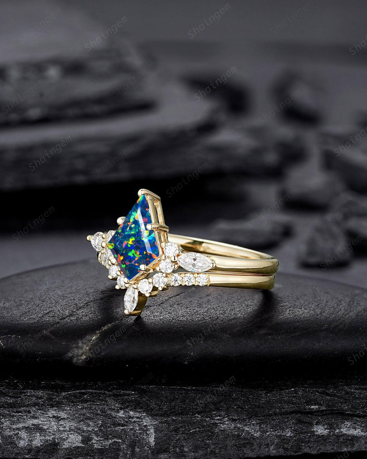 Kite Shape Black Fire Opal Engagement Ring , Multicolor Black Opal Bridal Set, Unique 14K Solid Yellow Gold Anniversary Promise Ring Gift - ShainJewelry