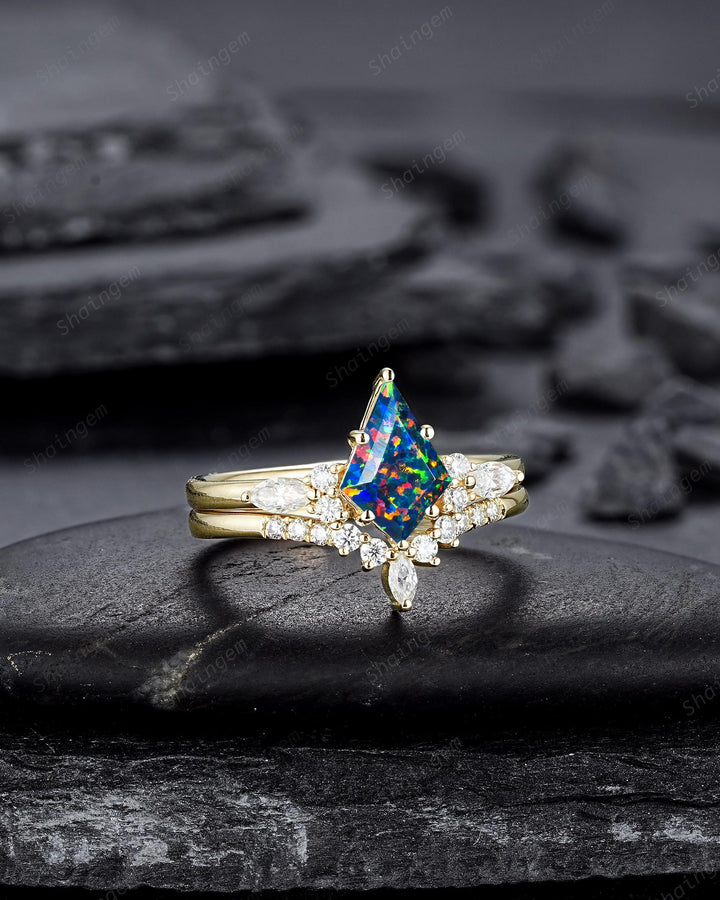 Kite Shape Black Fire Opal Engagement Ring , Multicolor Black Opal Bridal Set, Unique 14K Solid Yellow Gold Anniversary Promise Ring Gift - ShainJewelry