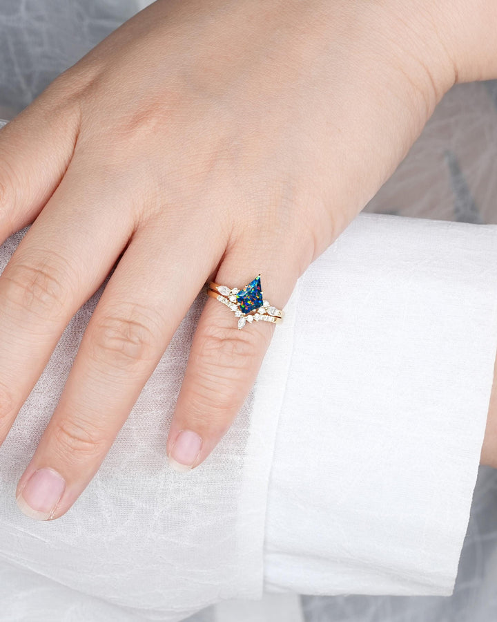 Kite Shape Black Fire Opal Engagement Ring , Multicolor Black Opal Bridal Set, Unique 14K Solid Yellow Gold Anniversary Promise Ring Gift - ShainJewelry