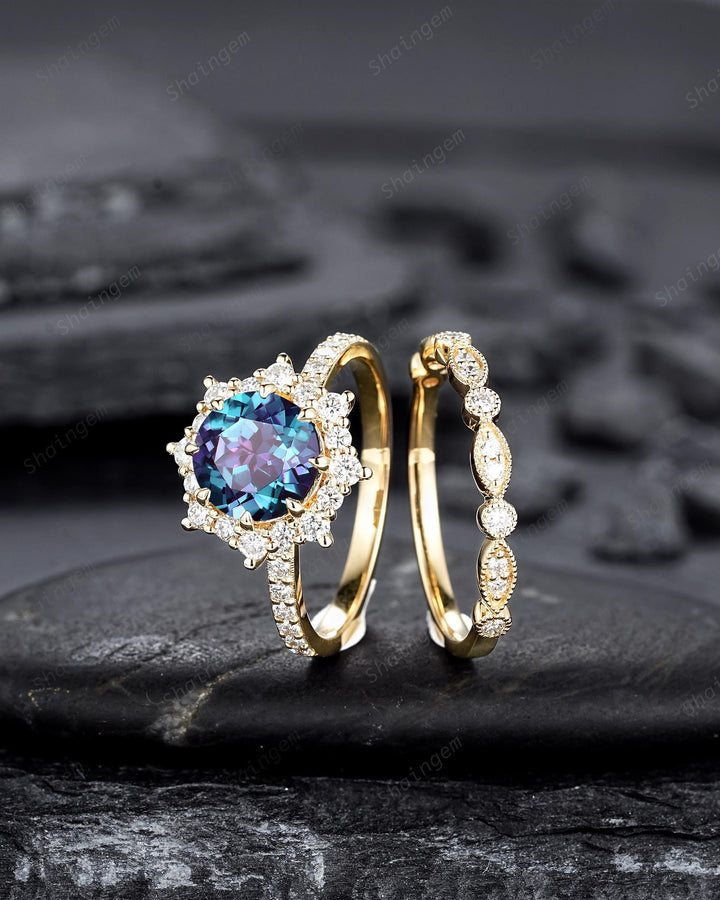 Round Shape Alexandrite Bridal Set, 14K Solid Yellow Gold Alexandrite Halo Engagement Ring, Alexandrite Bridal Set Anniversary Gift For her - ShainJewelry