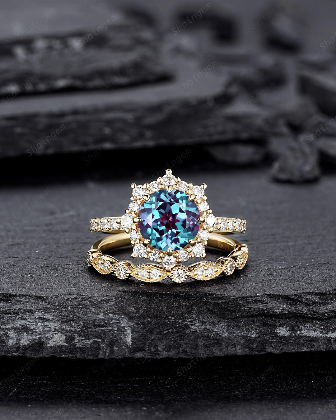 Round Shape Alexandrite Bridal Set, 14K Solid Yellow Gold Alexandrite Halo Engagement Ring, Alexandrite Bridal Set Anniversary Gift For her - ShainJewelry