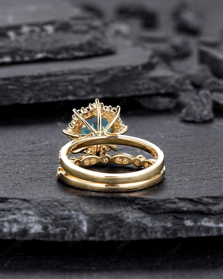 Round Shape Alexandrite Bridal Set, 14K Solid Yellow Gold Alexandrite Halo Engagement Ring, Alexandrite Bridal Set Anniversary Gift For her - ShainJewelry