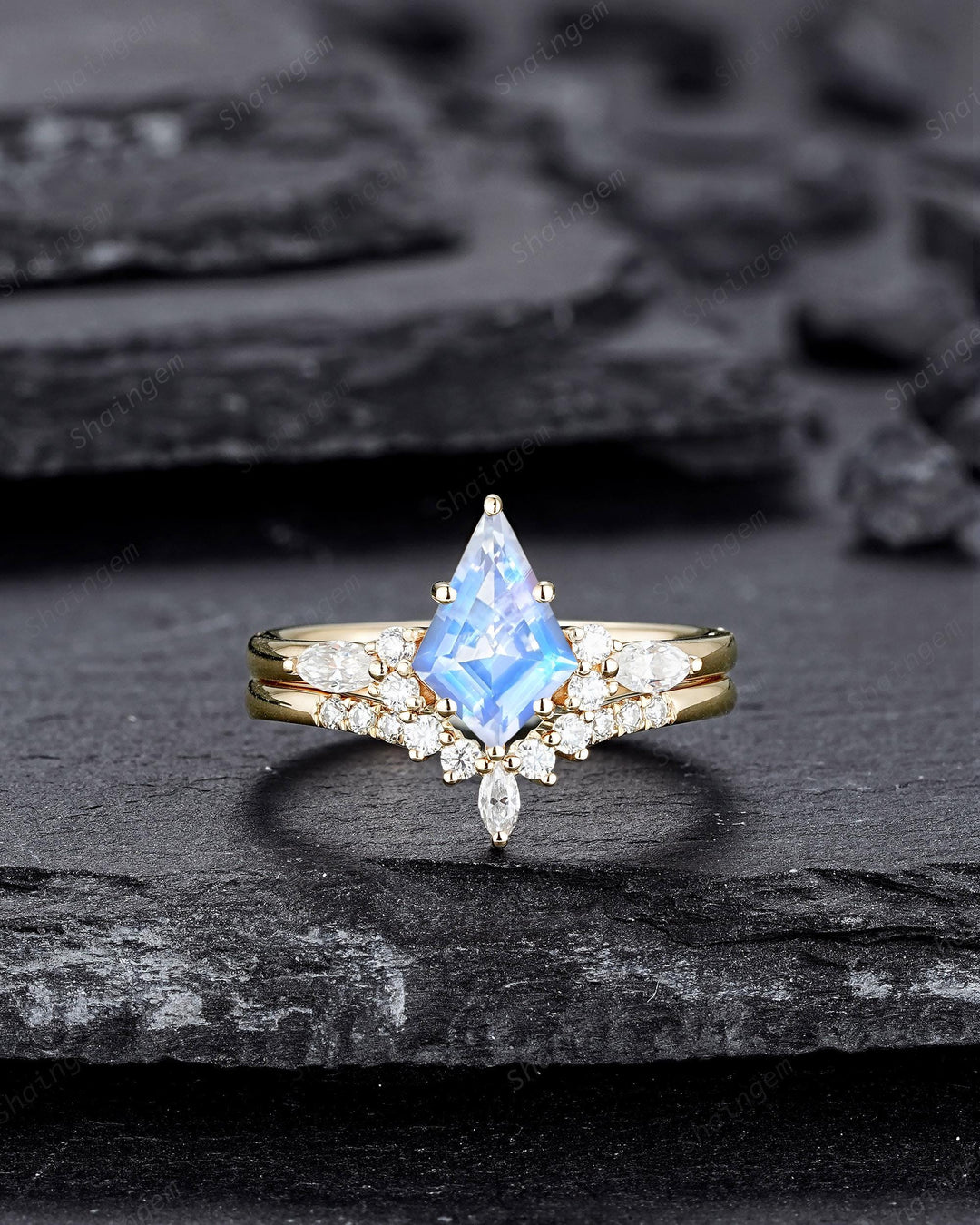 Vintage Kite Shape Natural Moonstone Engagement Ring Set, 14K Yellow Gold Blue Fire Moonstone Promise Ring, Wedding Ring Gift for Women - ShainJewelry