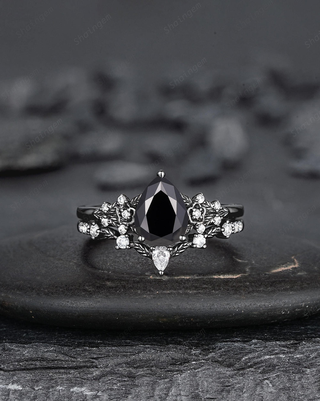 Unique Black Gold Pear Shape Black Moissanite Floral Engagement Ring, Witchy Leaf Promise Ring, Gothic Black Wedding Ring Gift for Women - ShainJewelry