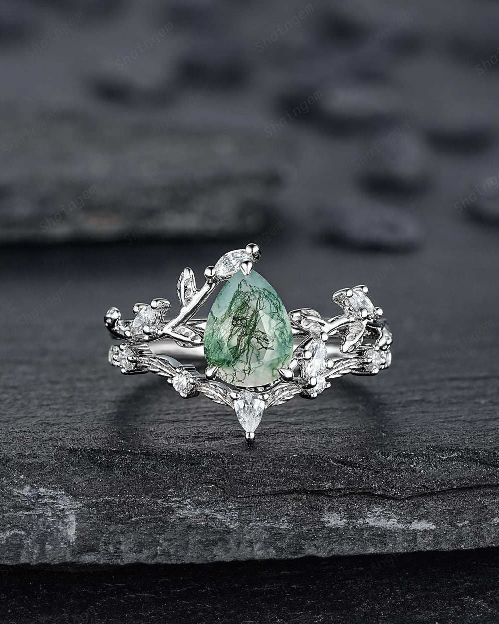 Platinum Pear Cut Moss Agate Leaf Engagement Ring Set, 14K White Gold Twig Branch Promise Wedding Ring, Silver 925 Vine Bridal Set For Women - ShainJewelry