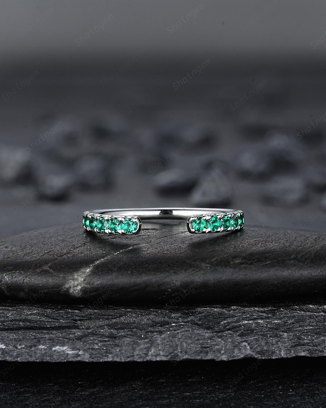 Platinum Open Gap 2.0mm Emerald Engagement Band, White Gold Wedding Band, Silver 925 Matching Band Straight Band Promise Engagement ring - ShainJewelry