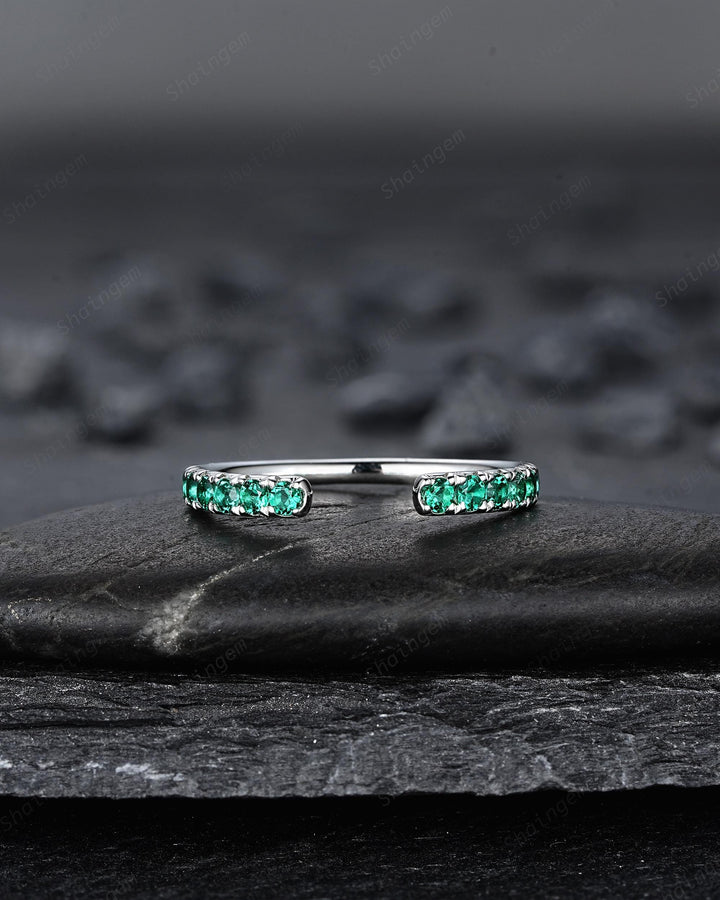 Platinum Open Gap 2.0mm Emerald Engagement Band, White Gold Wedding Band, Silver 925 Matching Band Straight Band Promise Engagement ring - ShainJewelry