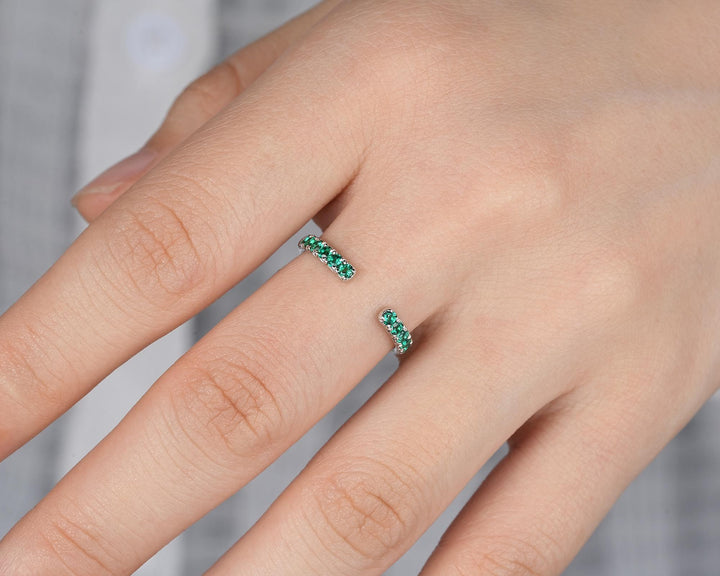 Platinum Open Gap 2.0mm Emerald Engagement Band, White Gold Wedding Band, Silver 925 Matching Band Straight Band Promise Engagement ring - ShainJewelry