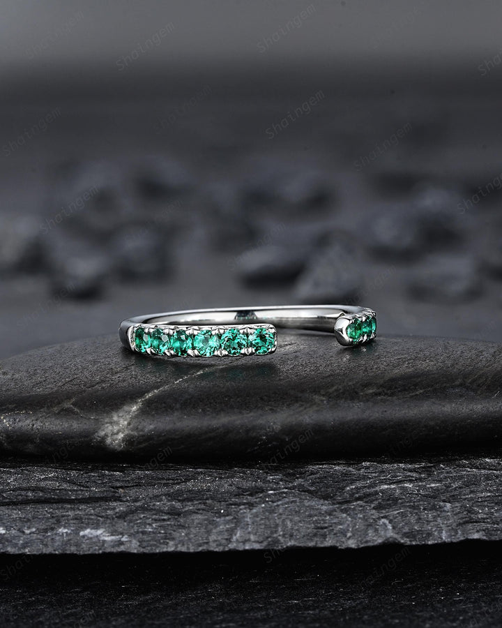 Platinum Open Gap 2.0mm Emerald Engagement Band, White Gold Wedding Band, Silver 925 Matching Band Straight Band Promise Engagement ring - ShainJewelry