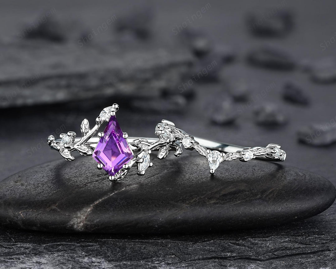 Nature Inspired Kite Cut Amethyst Leaf Engagement Ring Set, Unique White Gold Twig Branch Promise Ring, Amethyst Bridal Set Anniversary Ring - ShainJewelry