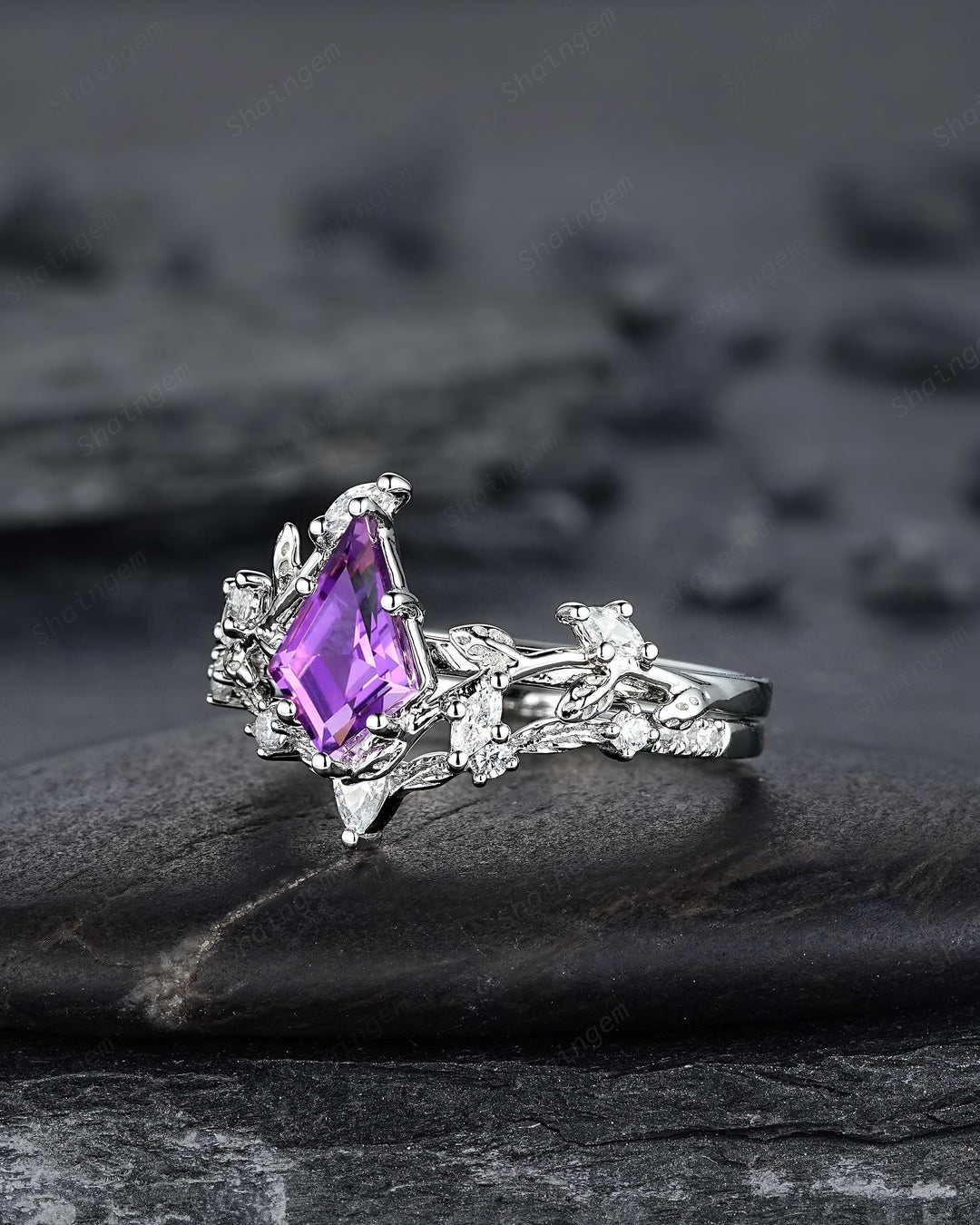 Nature Inspired Kite Cut Amethyst Leaf Engagement Ring Set, Unique White Gold Twig Branch Promise Ring, Amethyst Bridal Set Anniversary Ring - ShainJewelry