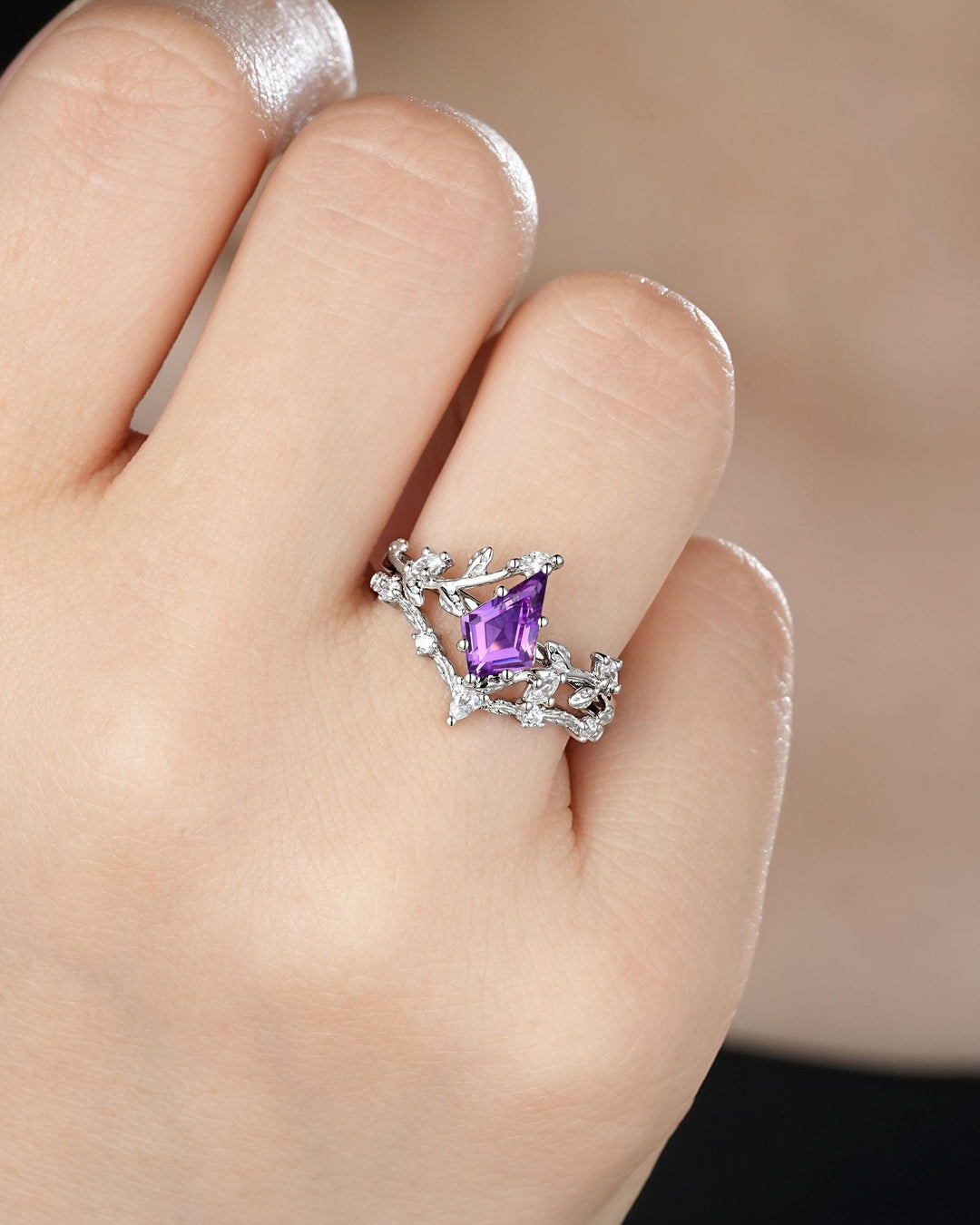 Nature Inspired Kite Cut Amethyst Leaf Engagement Ring Set, Unique White Gold Twig Branch Promise Ring, Amethyst Bridal Set Anniversary Ring - ShainJewelry