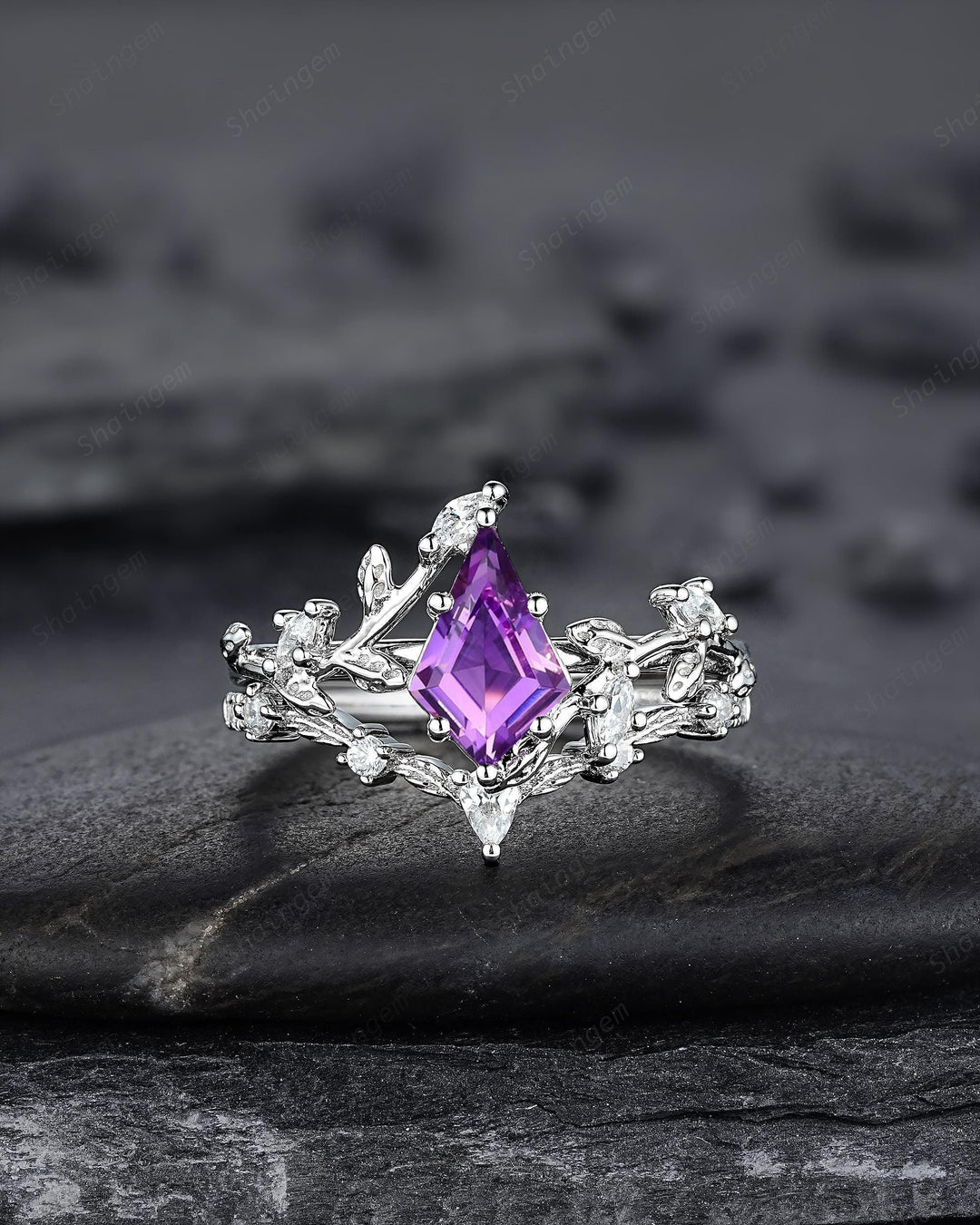 Nature Inspired Kite Cut Amethyst Leaf Engagement Ring Set, Unique White Gold Twig Branch Promise Ring, Amethyst Bridal Set Anniversary Ring - ShainJewelry