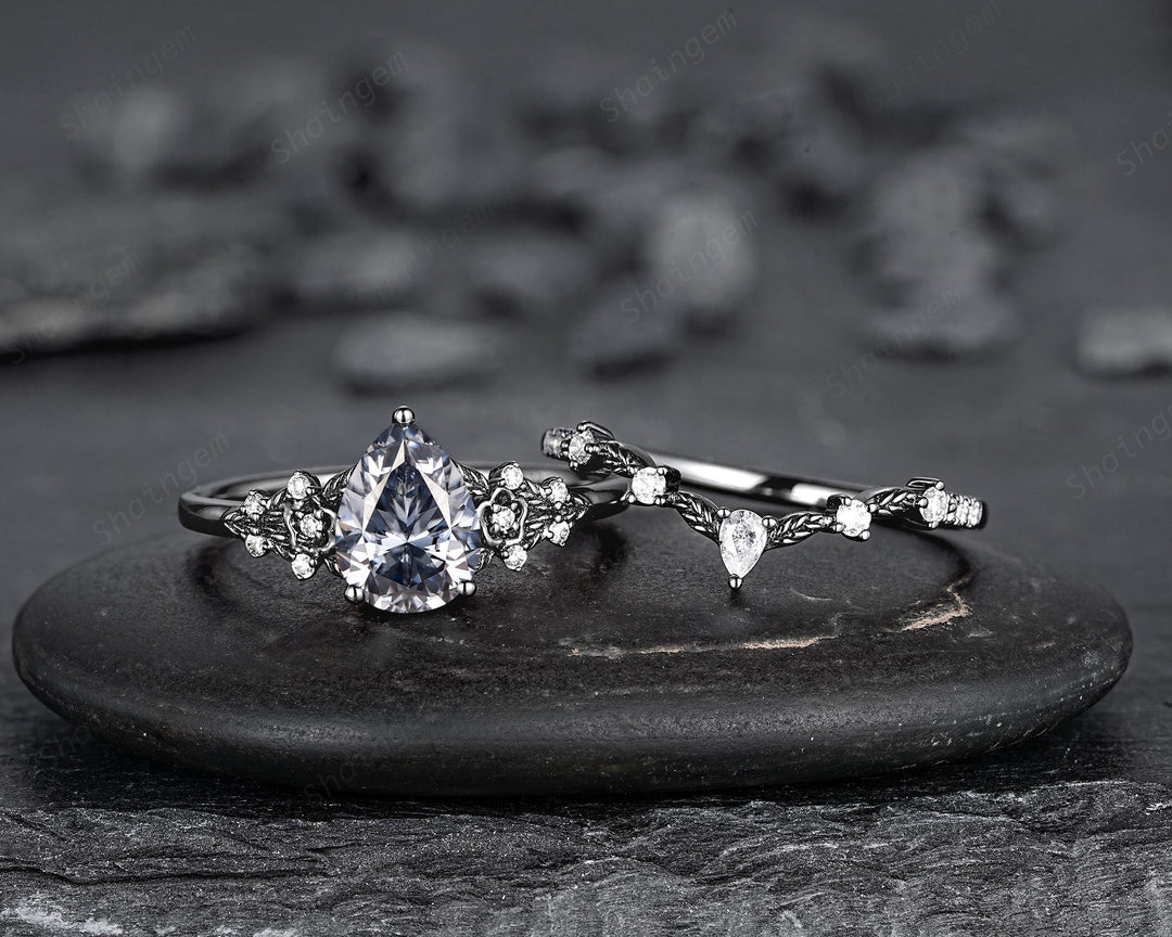 Gothic Black Pear Shape Gray Moissanite Floral Engagement Ring, Unique Black Rhodium Leaf Wedding Promise Ring for Women, Vintage Bridal Set - ShainJewelry