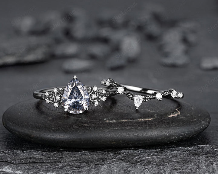 Gothic Black Pear Shape Gray Moissanite Floral Engagement Ring, Unique Black Rhodium Leaf Wedding Promise Ring for Women, Vintage Bridal Set - ShainJewelry