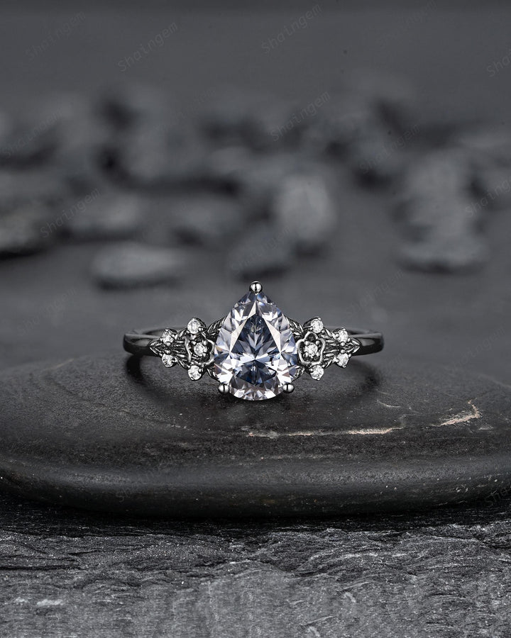 Gothic Black Pear Shape Gray Moissanite Floral Engagement Ring, Unique Black Rhodium Leaf Wedding Promise Ring for Women, Vintage Bridal Set - ShainJewelry