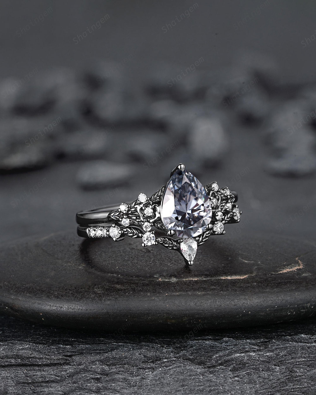 Gothic Black Pear Shape Gray Moissanite Floral Engagement Ring, Unique Black Rhodium Leaf Wedding Promise Ring for Women, Vintage Bridal Set - ShainJewelry