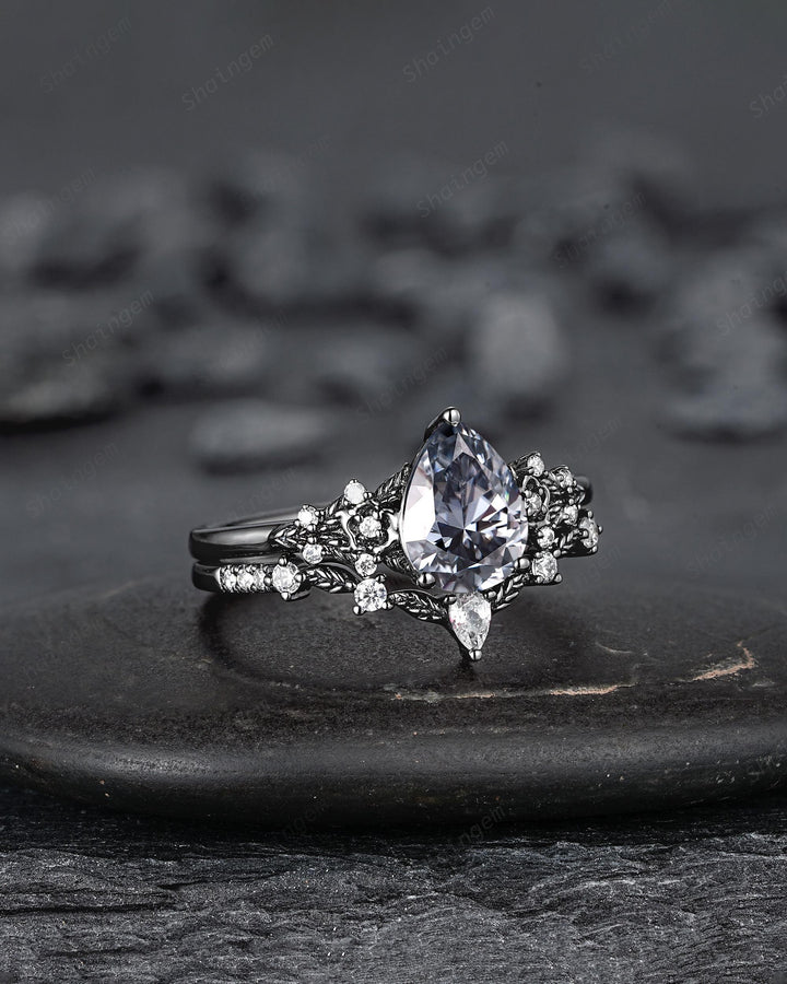 Gothic Black Pear Shape Gray Moissanite Floral Engagement Ring, Unique Black Rhodium Leaf Wedding Promise Ring for Women, Vintage Bridal Set - ShainJewelry