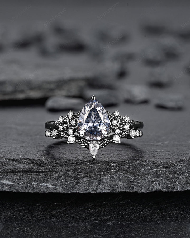 Gothic Black Pear Shape Gray Moissanite Floral Engagement Ring, Unique Black Rhodium Leaf Wedding Promise Ring for Women, Vintage Bridal Set - ShainJewelry