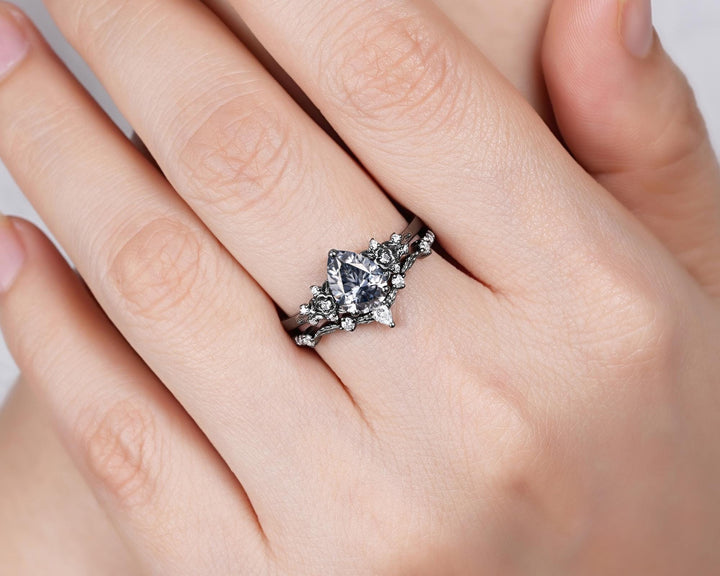 Gothic Black Pear Shape Gray Moissanite Floral Engagement Ring, Unique Black Rhodium Leaf Wedding Promise Ring for Women, Vintage Bridal Set - ShainJewelry