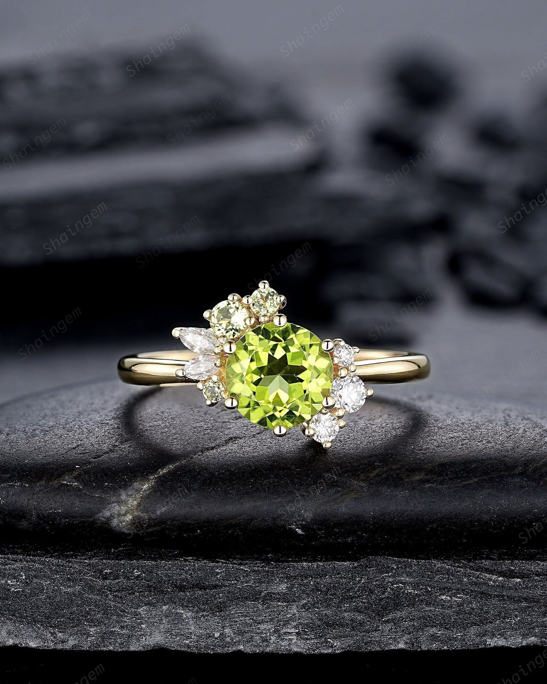 Vintage Round Cut Peridot Engagement Ring, Peridot Cluster Promise Ring, 14K Yellow Gold or Silver Wedding Ring, August Birthstone Ring Gift - ShainJewelry