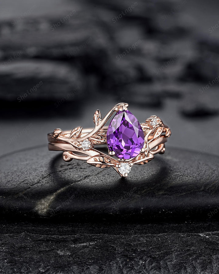 Vintage Pear Cut Purple Violet Sapphire Leaf Engagement Ring Set, Twig Branch Rose Gold Wedding Promise Ring Anniversary Gift for Mom Women - ShainJewelry