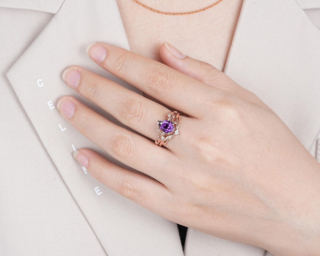Vintage Pear Cut Purple Violet Sapphire Leaf Engagement Ring Set, Twig Branch Rose Gold Wedding Promise Ring Anniversary Gift for Mom Women - ShainJewelry