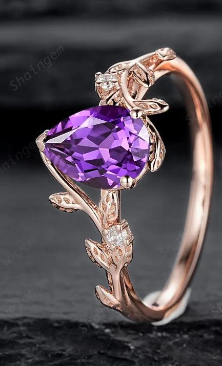 Vintage Pear Cut Purple Violet Sapphire Leaf Engagement Ring Set, Twig Branch Rose Gold Wedding Promise Ring Anniversary Gift for Mom Women - ShainJewelry